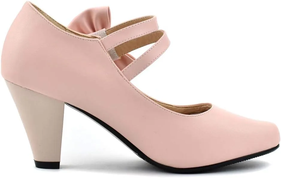 100FIXEO Chic Block High Heel Mary Jane Shoes Women Heels and Pumps Ladies Sweet Ankle Strap Dress Pumps Hook and Loop Bow Heels Closed Toe