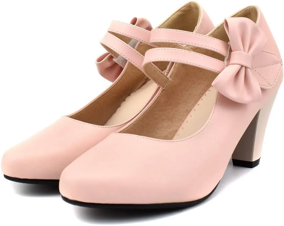 100FIXEO Chic Block High Heel Mary Jane Shoes Women Heels and Pumps Ladies Sweet Ankle Strap Dress Pumps Hook and Loop Bow Heels Closed Toe