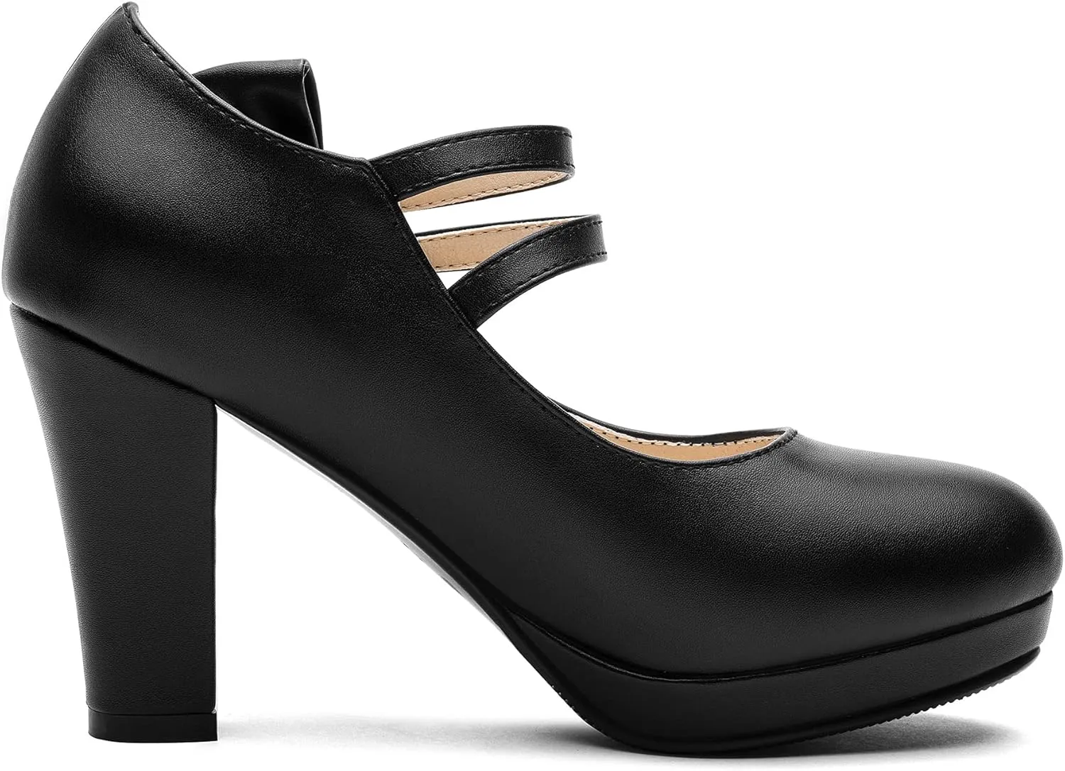 100FIXEO Chic Block High Heel Mary Jane Shoes Women Heels and Pumps Ladies Sweet Ankle Strap Dress Pumps Hook and Loop Bow Heels Closed Toe