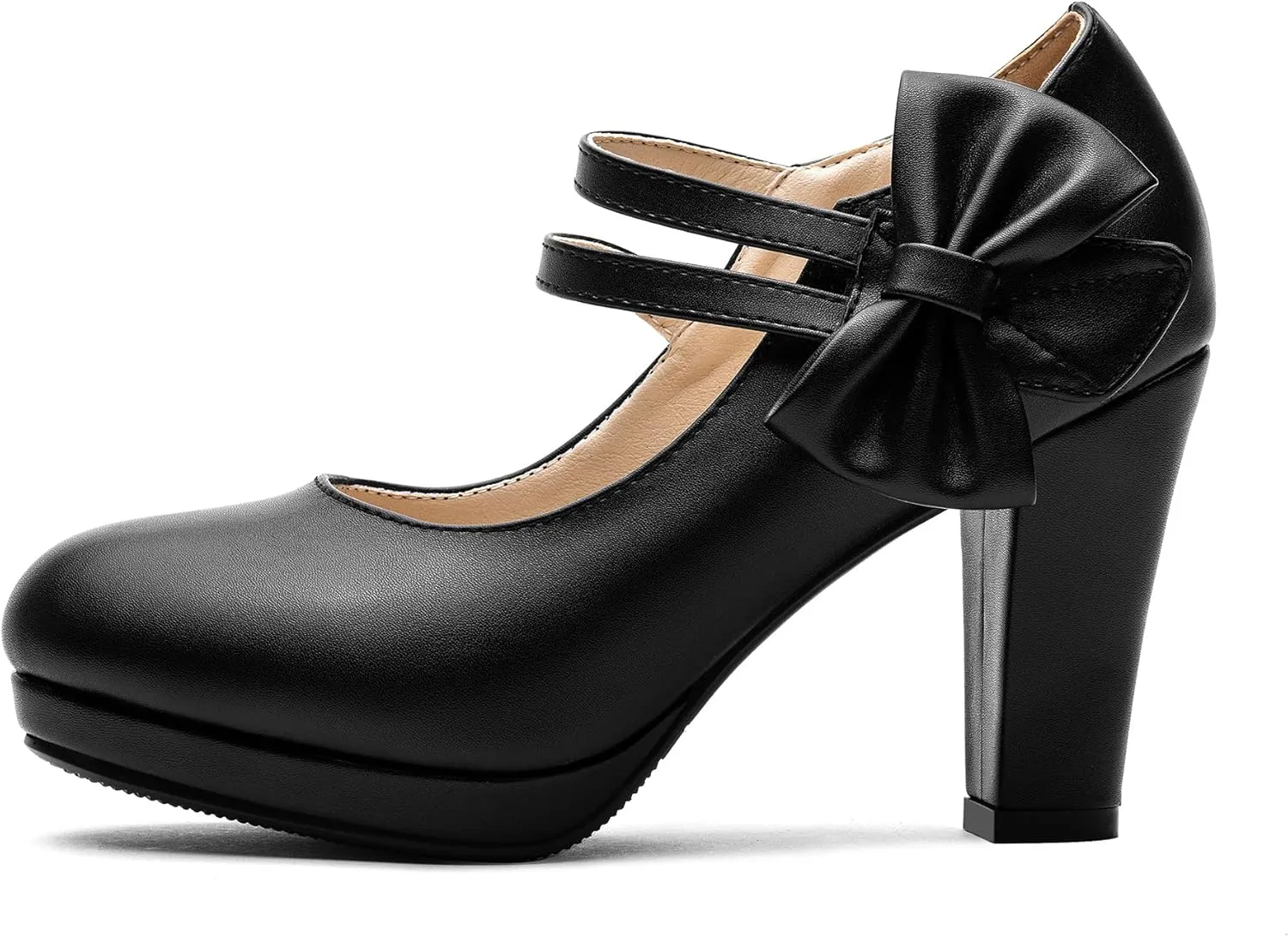 100FIXEO Chic Block High Heel Mary Jane Shoes Women Heels and Pumps Ladies Sweet Ankle Strap Dress Pumps Hook and Loop Bow Heels Closed Toe