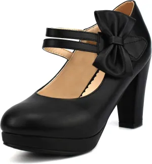 100FIXEO Chic Block High Heel Mary Jane Shoes Women Heels and Pumps Ladies Sweet Ankle Strap Dress Pumps Hook and Loop Bow Heels Closed Toe