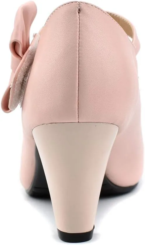 100FIXEO Chic Block High Heel Mary Jane Shoes Women Heels and Pumps Ladies Sweet Ankle Strap Dress Pumps Hook and Loop Bow Heels Closed Toe