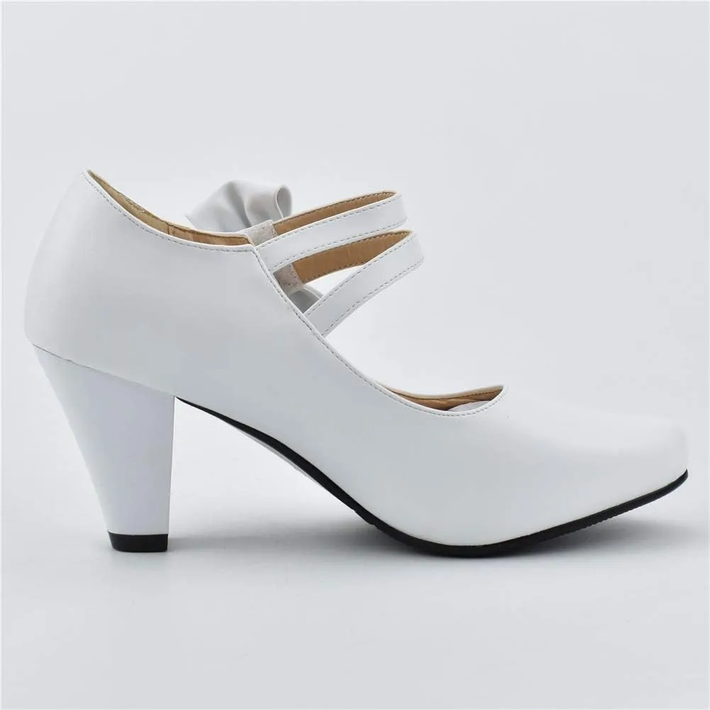 100FIXEO Chic Block High Heel Mary Jane Shoes Women Heels and Pumps Ladies Sweet Ankle Strap Dress Pumps Hook and Loop Bow Heels Closed Toe