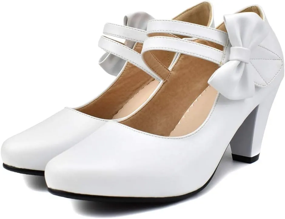 100FIXEO Chic Block High Heel Mary Jane Shoes Women Heels and Pumps Ladies Sweet Ankle Strap Dress Pumps Hook and Loop Bow Heels Closed Toe