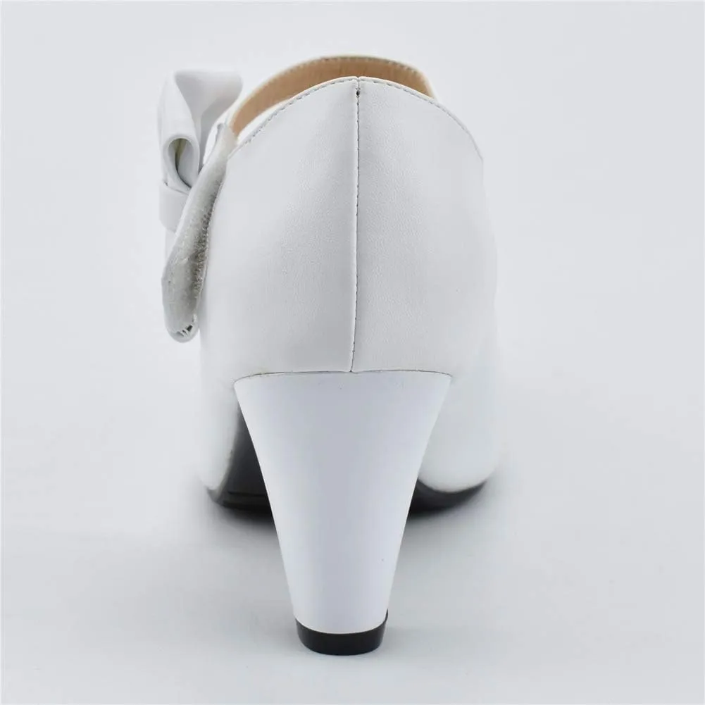 100FIXEO Chic Block High Heel Mary Jane Shoes Women Heels and Pumps Ladies Sweet Ankle Strap Dress Pumps Hook and Loop Bow Heels Closed Toe