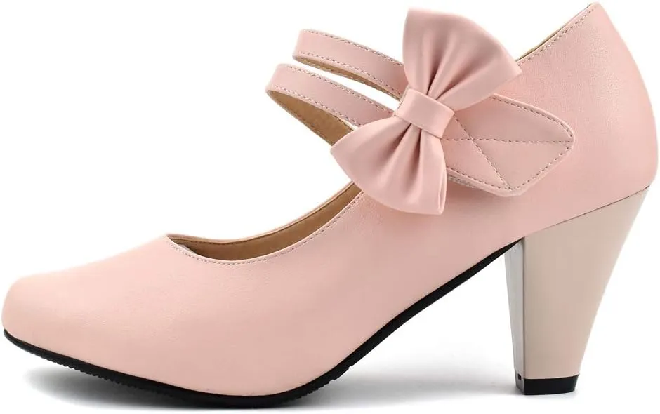 100FIXEO Chic Block High Heel Mary Jane Shoes Women Heels and Pumps Ladies Sweet Ankle Strap Dress Pumps Hook and Loop Bow Heels Closed Toe