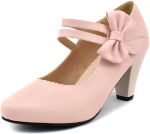 100FIXEO Chic Block High Heel Mary Jane Shoes Women Heels and Pumps Ladies Sweet Ankle Strap Dress Pumps Hook and Loop Bow Heels Closed Toe