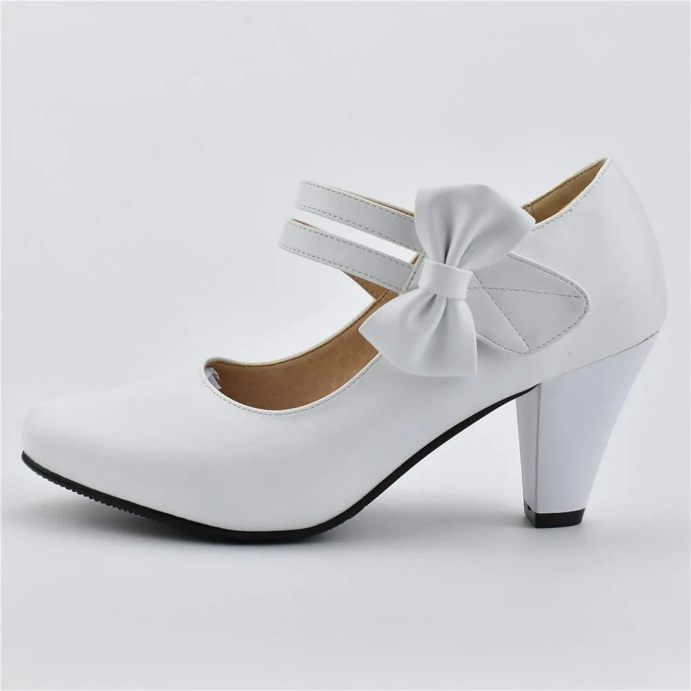 100FIXEO Chic Block High Heel Mary Jane Shoes Women Heels and Pumps Ladies Sweet Ankle Strap Dress Pumps Hook and Loop Bow Heels Closed Toe