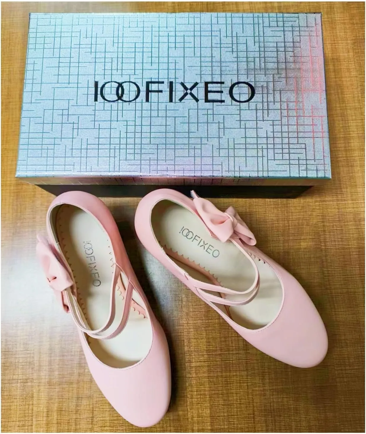 100FIXEO Chic Block High Heel Mary Jane Shoes Women Heels and Pumps Ladies Sweet Ankle Strap Dress Pumps Hook and Loop Bow Heels Closed Toe