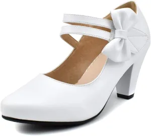 100FIXEO Chic Block High Heel Mary Jane Shoes Women Heels and Pumps Ladies Sweet Ankle Strap Dress Pumps Hook and Loop Bow Heels Closed Toe