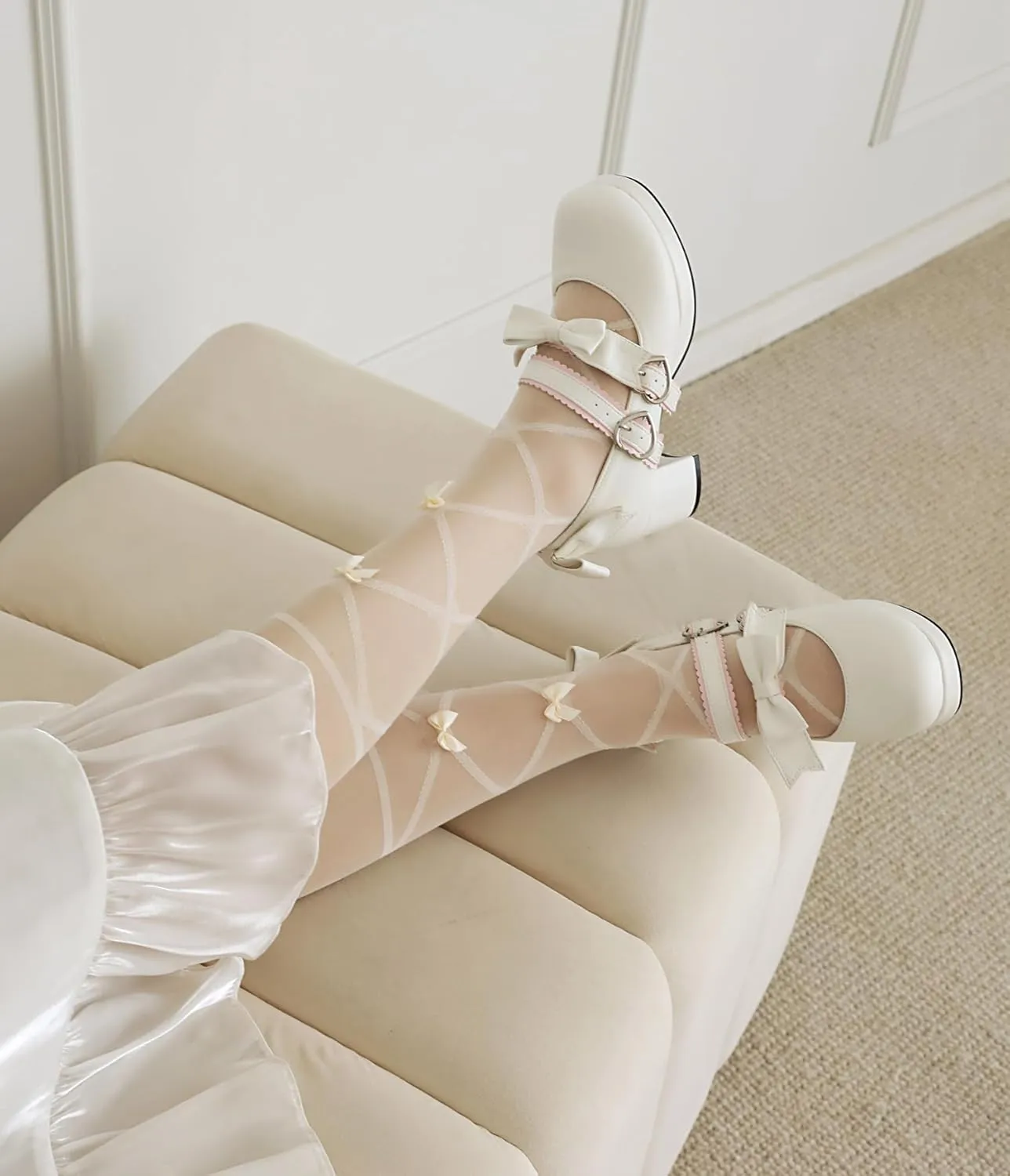 100FIXEO Womens Platform Mary Jane Shoes Ankle Strap Kawaii Block Mid Thick Heel Pumps with Bow and Lace
