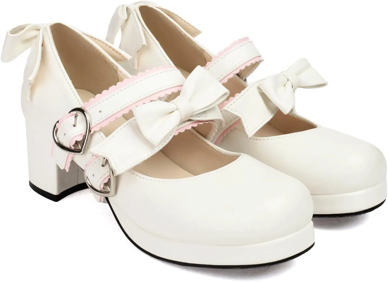 100FIXEO Womens Platform Mary Jane Shoes Ankle Strap Kawaii Block Mid Thick Heel Pumps with Bow and Lace
