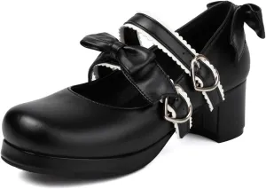 100FIXEO Womens Platform Mary Jane Shoes Ankle Strap Kawaii Block Mid Thick Heel Pumps with Bow and Lace