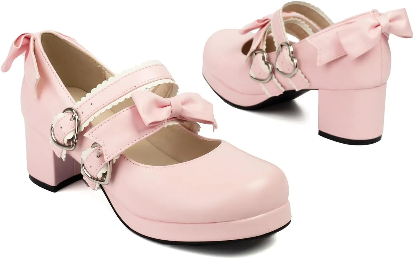 100FIXEO Womens Platform Mary Jane Shoes Ankle Strap Kawaii Block Mid Thick Heel Pumps with Bow and Lace