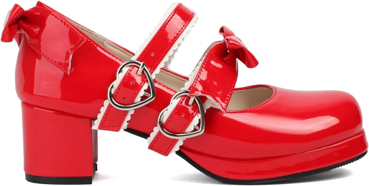 100FIXEO Womens Platform Mary Jane Shoes Ankle Strap Kawaii Block Mid Thick Heel Pumps with Bow and Lace