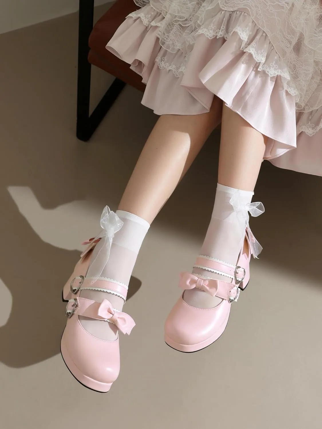 100FIXEO Womens Platform Mary Jane Shoes Ankle Strap Kawaii Block Mid Thick Heel Pumps with Bow and Lace