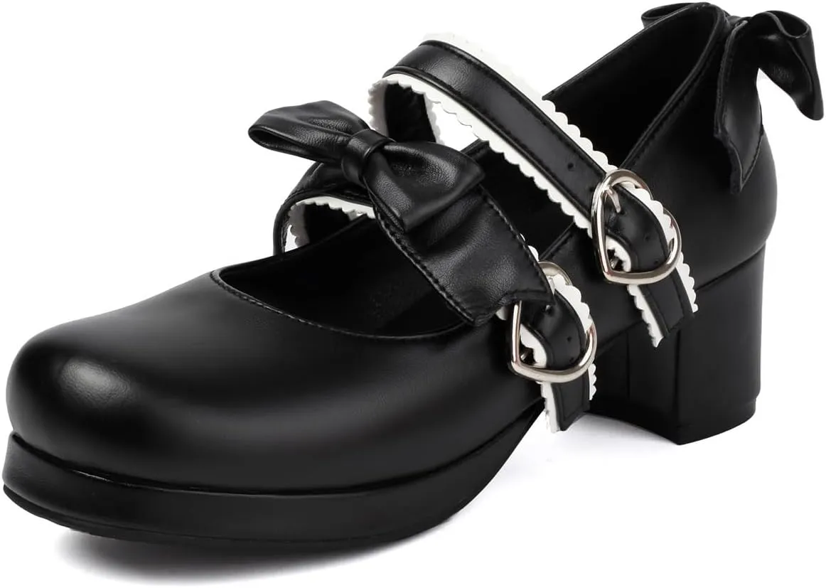 100FIXEO Womens Platform Mary Jane Shoes Ankle Strap Kawaii Block Mid Thick Heel Pumps with Bow and Lace