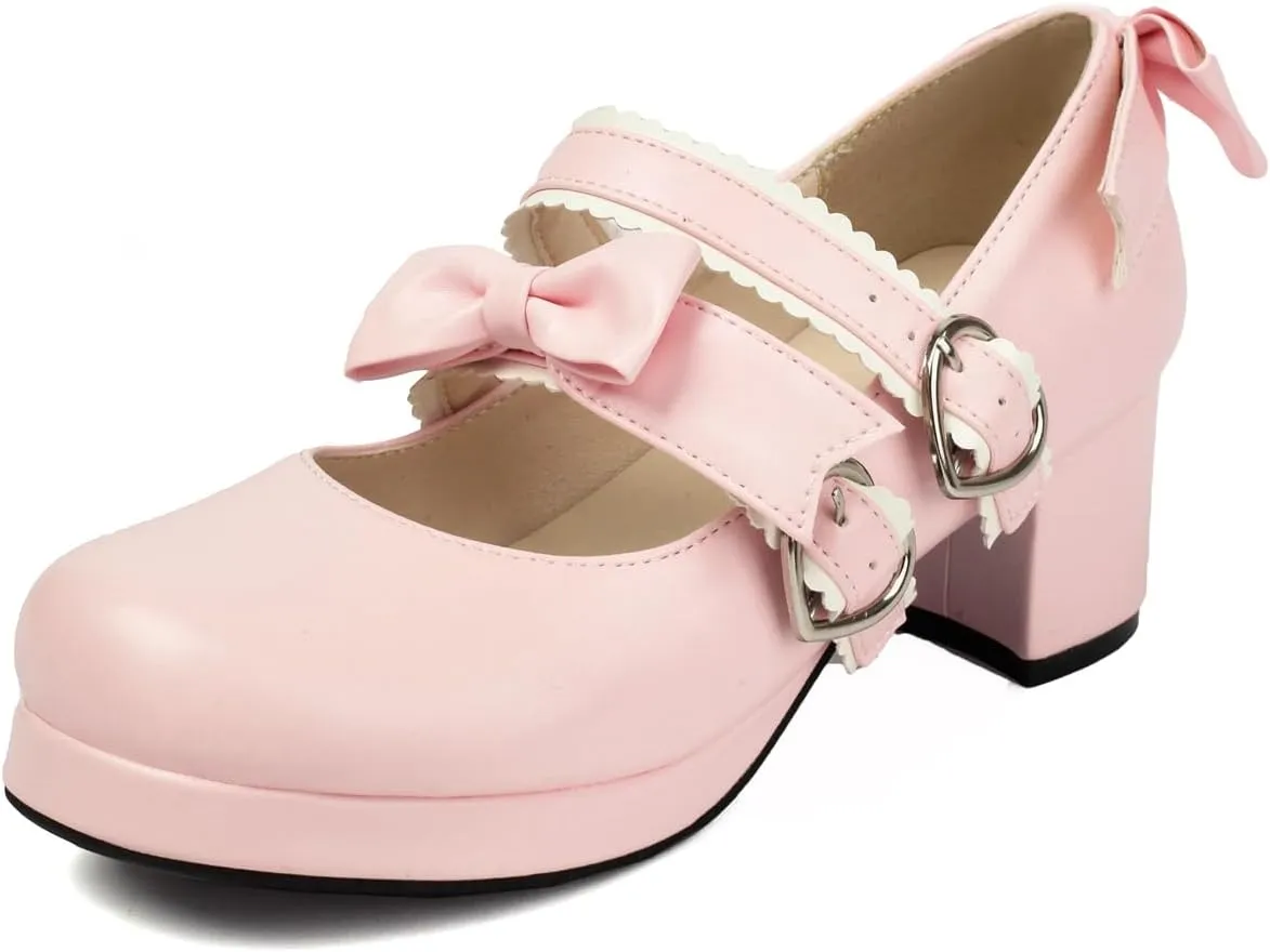 100FIXEO Womens Platform Mary Jane Shoes Ankle Strap Kawaii Block Mid Thick Heel Pumps with Bow and Lace