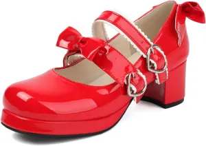 100FIXEO Womens Platform Mary Jane Shoes Ankle Strap Kawaii Block Mid Thick Heel Pumps with Bow and Lace