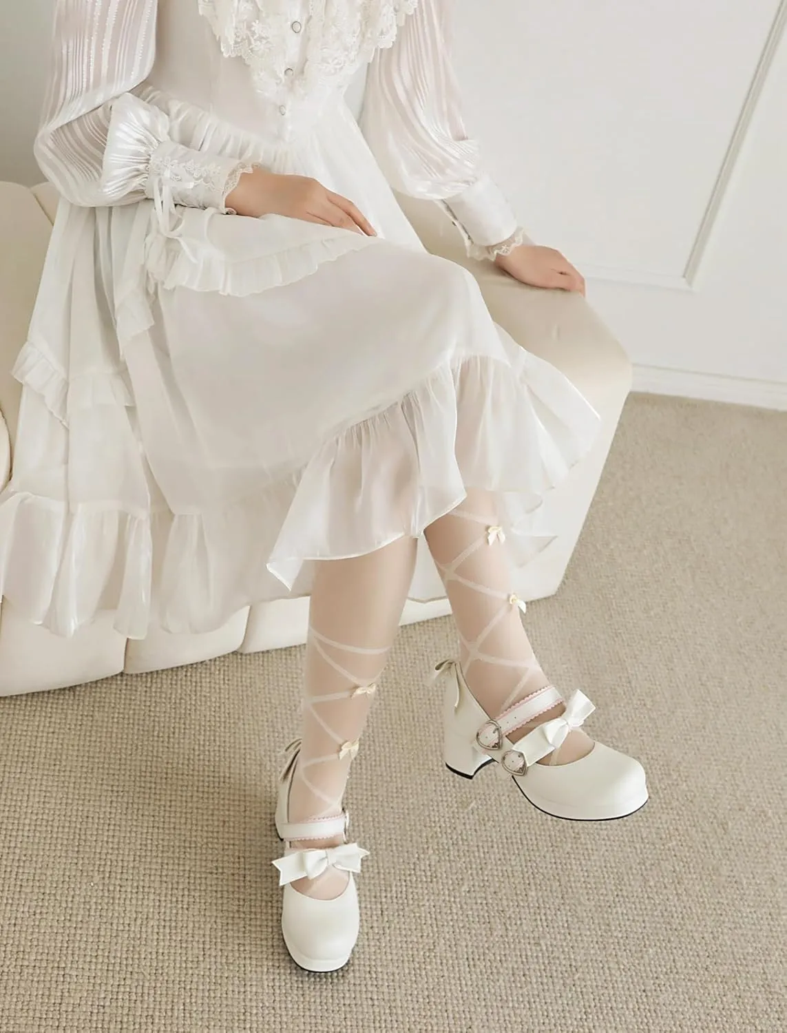 100FIXEO Womens Platform Mary Jane Shoes Ankle Strap Kawaii Block Mid Thick Heel Pumps with Bow and Lace