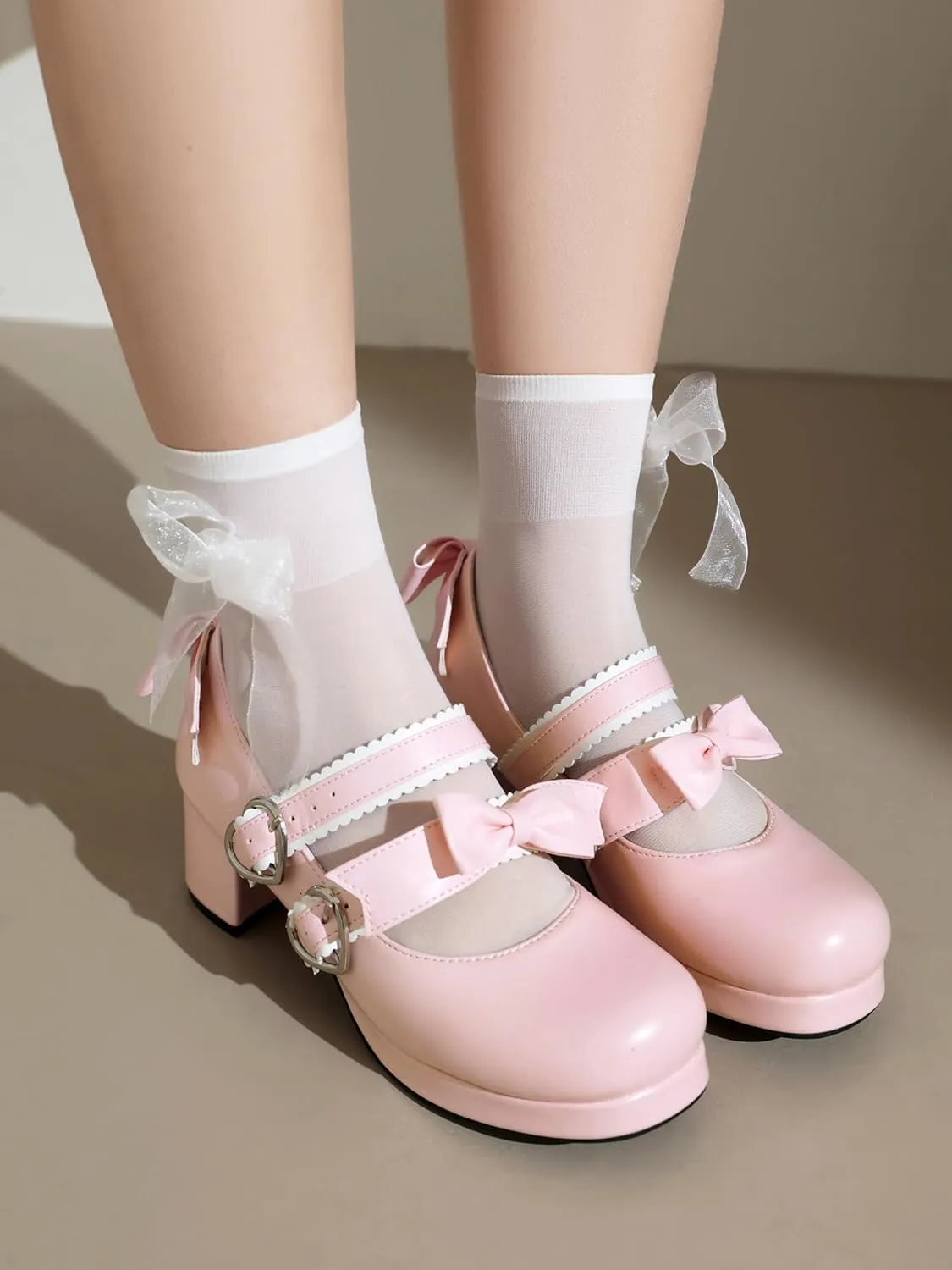100FIXEO Womens Platform Mary Jane Shoes Ankle Strap Kawaii Block Mid Thick Heel Pumps with Bow and Lace