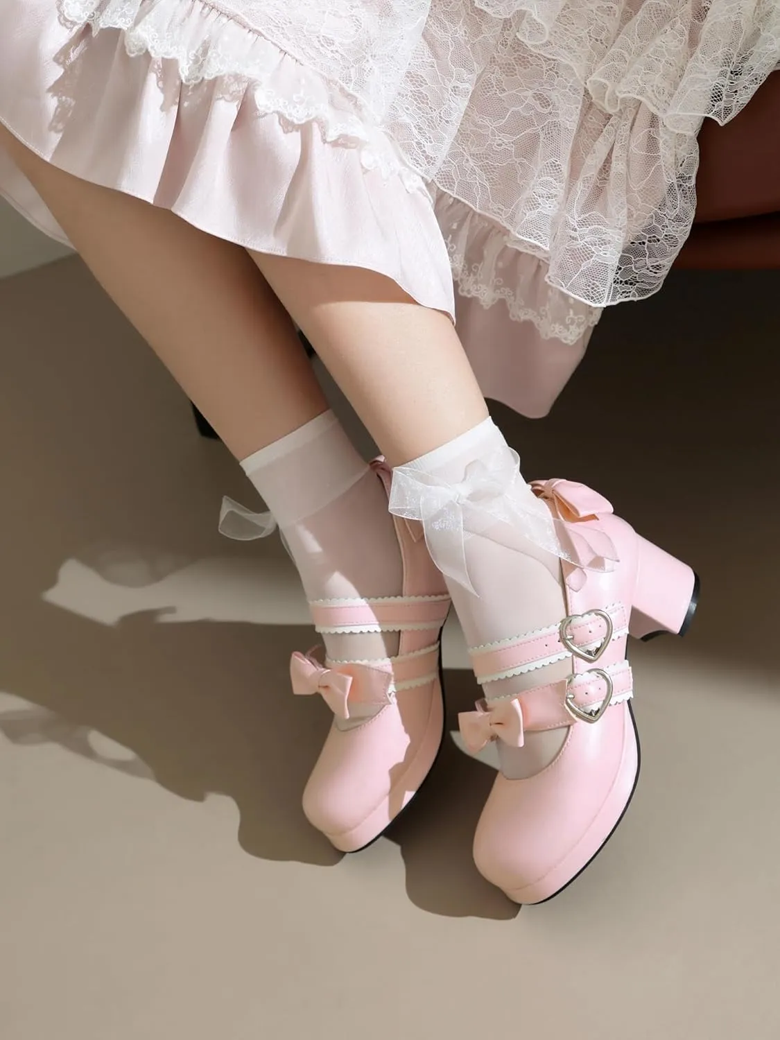100FIXEO Womens Platform Mary Jane Shoes Ankle Strap Kawaii Block Mid Thick Heel Pumps with Bow and Lace