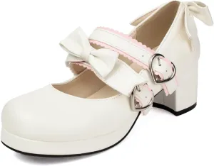 100FIXEO Womens Platform Mary Jane Shoes Ankle Strap Kawaii Block Mid Thick Heel Pumps with Bow and Lace
