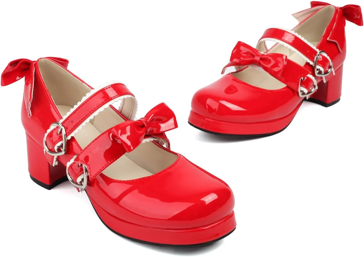 100FIXEO Womens Platform Mary Jane Shoes Ankle Strap Kawaii Block Mid Thick Heel Pumps with Bow and Lace