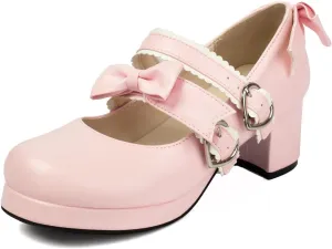 100FIXEO Womens Platform Mary Jane Shoes Ankle Strap Kawaii Block Mid Thick Heel Pumps with Bow and Lace