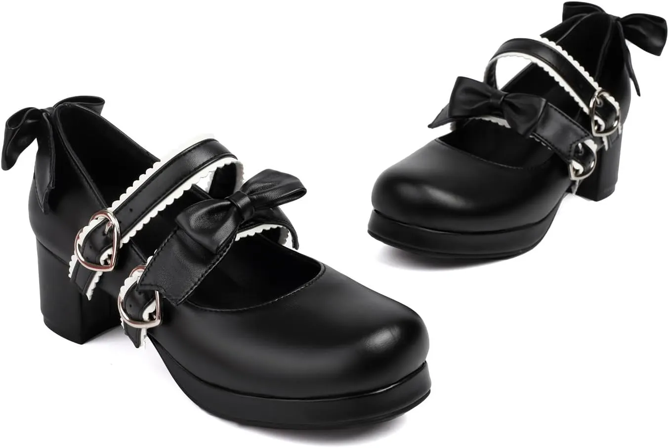 100FIXEO Womens Platform Mary Jane Shoes Ankle Strap Kawaii Block Mid Thick Heel Pumps with Bow and Lace