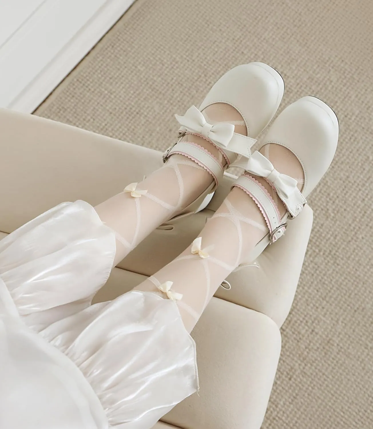100FIXEO Womens Platform Mary Jane Shoes Ankle Strap Kawaii Block Mid Thick Heel Pumps with Bow and Lace