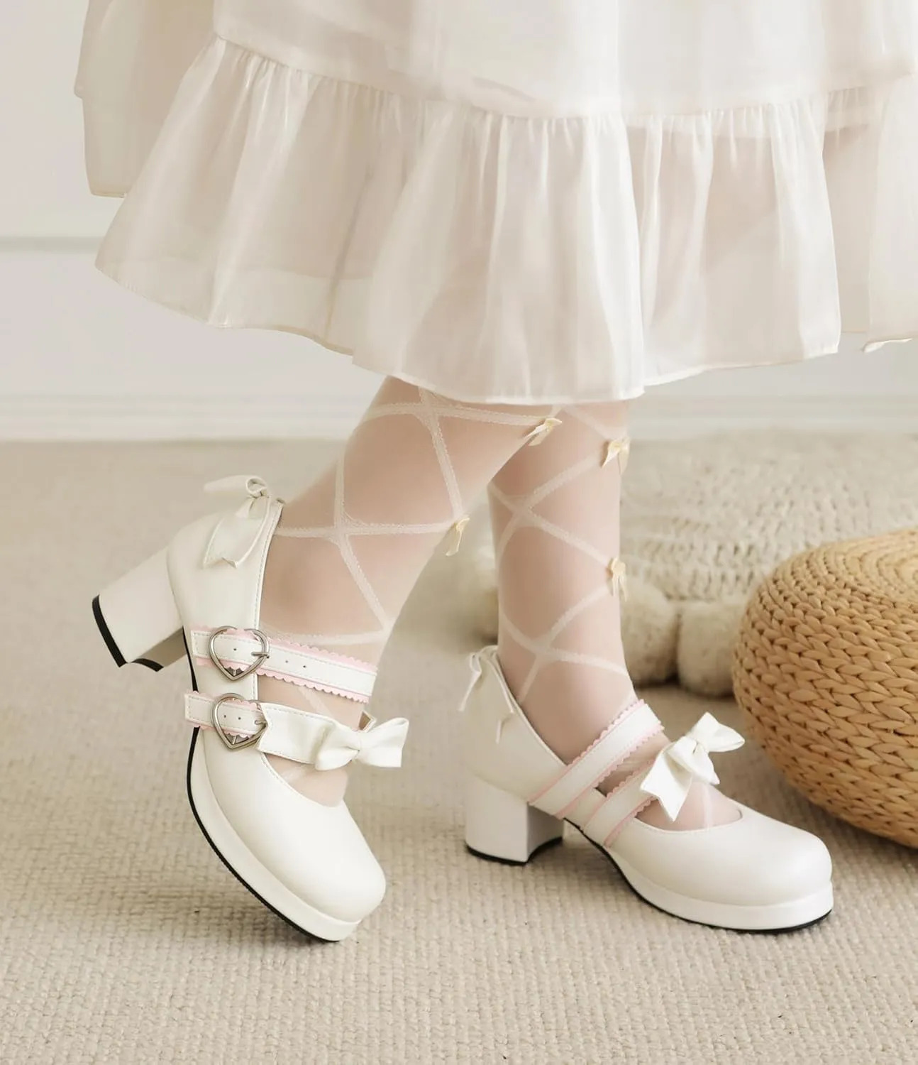100FIXEO Womens Platform Mary Jane Shoes Ankle Strap Kawaii Block Mid Thick Heel Pumps with Bow and Lace