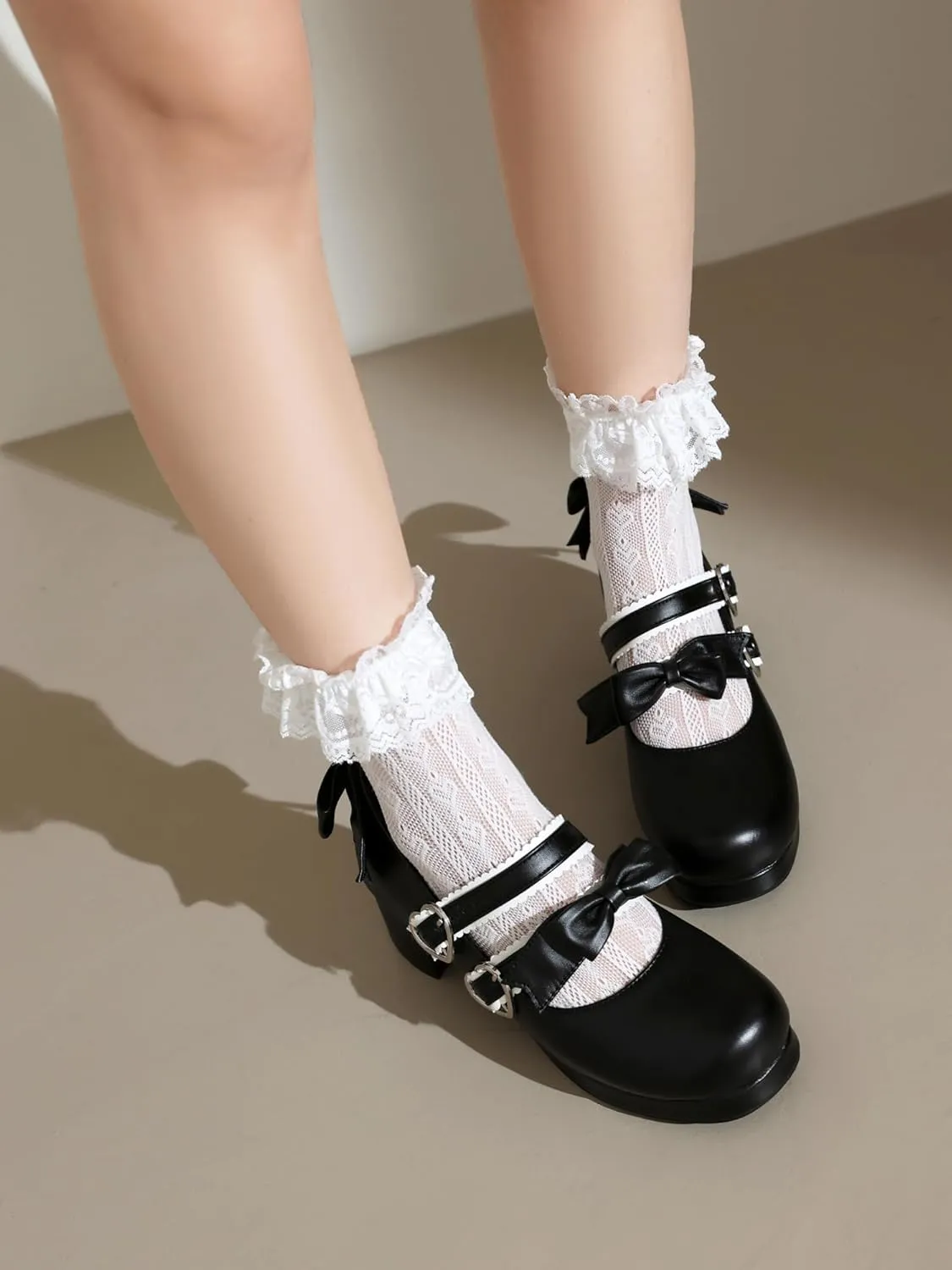 100FIXEO Womens Platform Mary Jane Shoes Ankle Strap Kawaii Block Mid Thick Heel Pumps with Bow and Lace