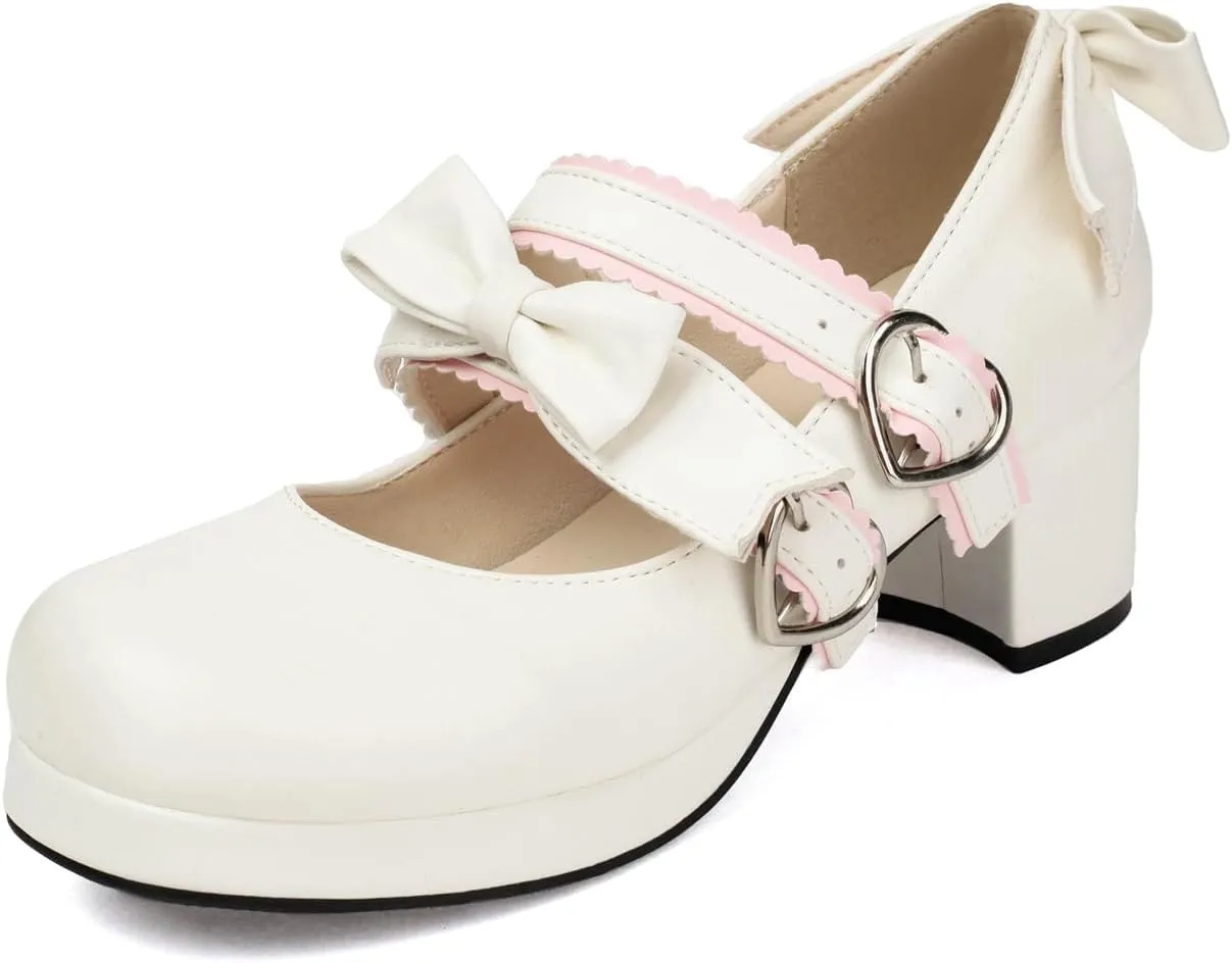 100FIXEO Womens Platform Mary Jane Shoes Ankle Strap Kawaii Block Mid Thick Heel Pumps with Bow and Lace