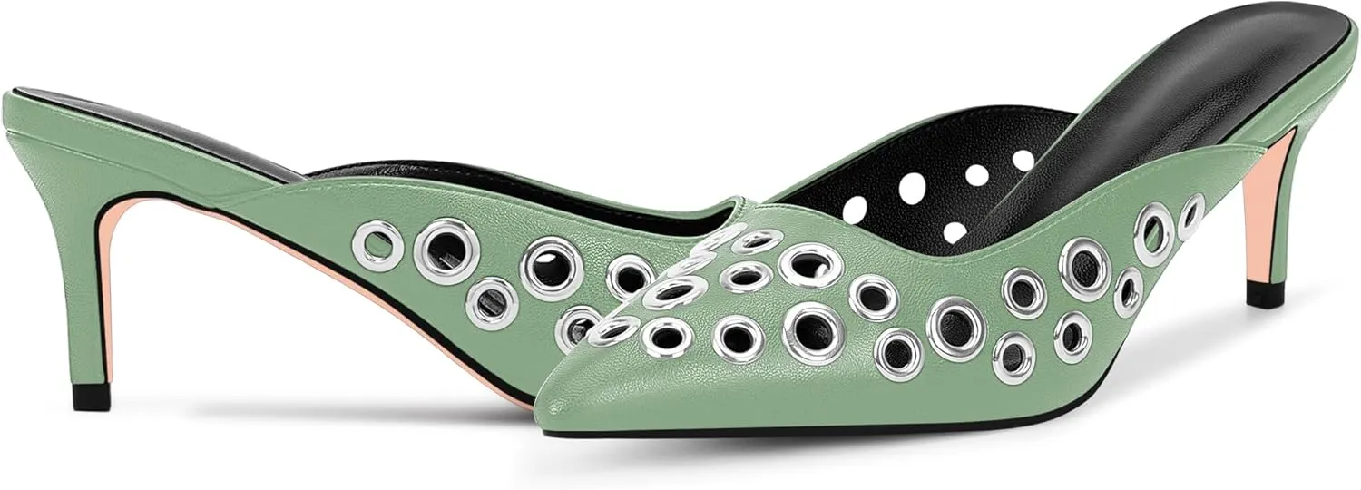 100FIXEO Women's Studded Metal Eyelet Perforated Pumps Stiletto High Heel Pointed Toe Mule Shoes