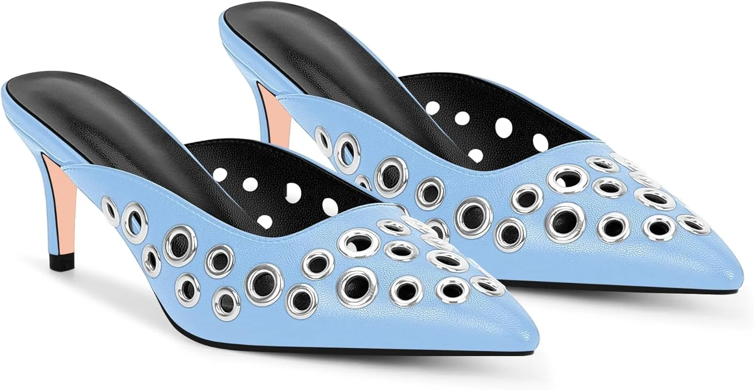 100FIXEO Women's Studded Metal Eyelet Perforated Pumps Stiletto High Heel Pointed Toe Mule Shoes