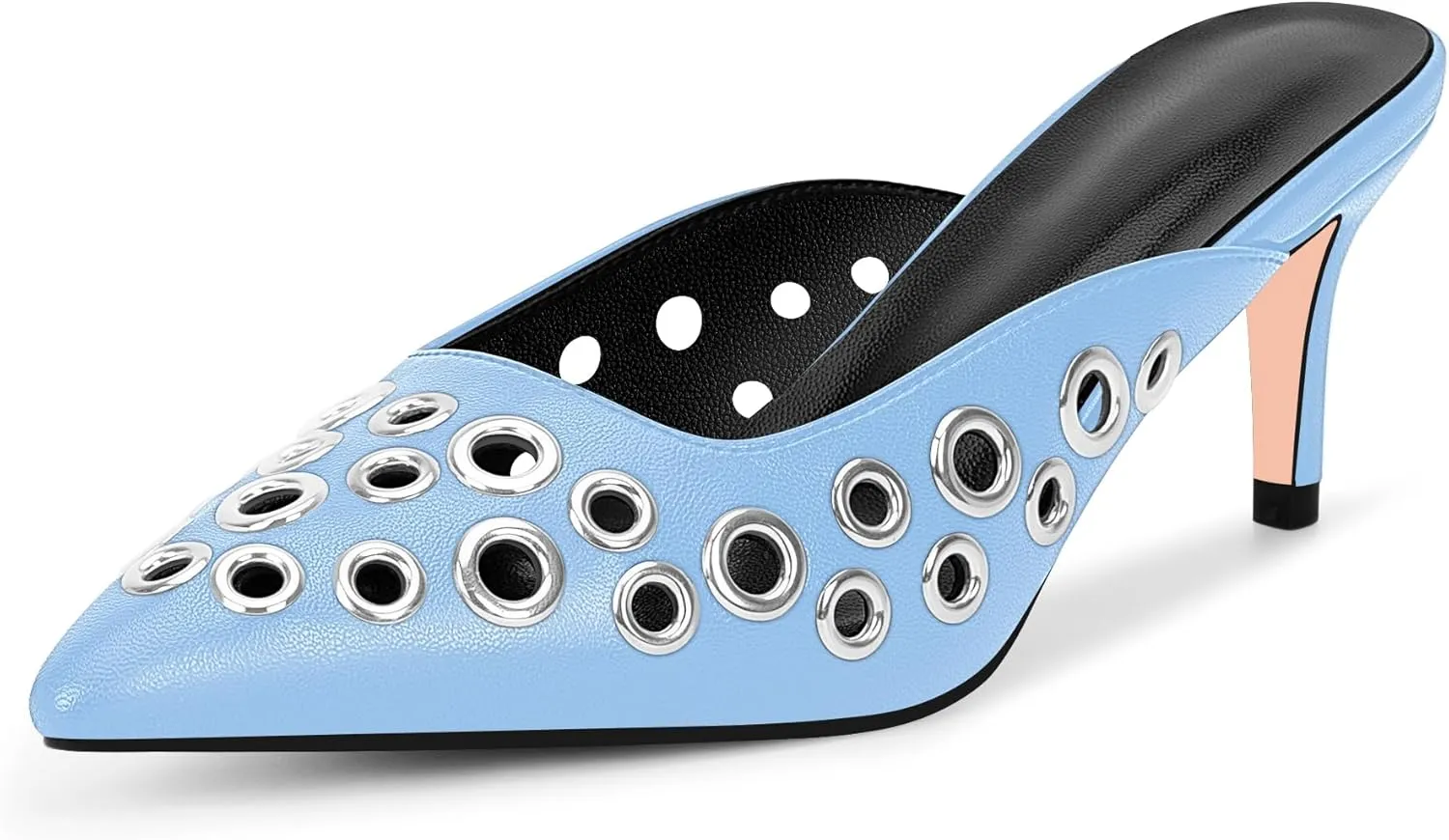100FIXEO Women's Studded Metal Eyelet Perforated Pumps Stiletto High Heel Pointed Toe Mule Shoes