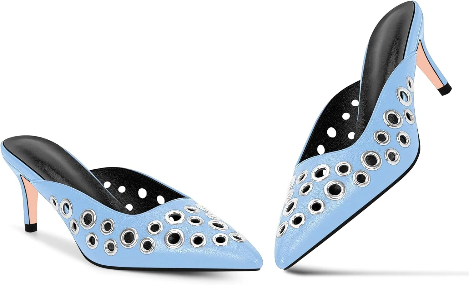 100FIXEO Women's Studded Metal Eyelet Perforated Pumps Stiletto High Heel Pointed Toe Mule Shoes