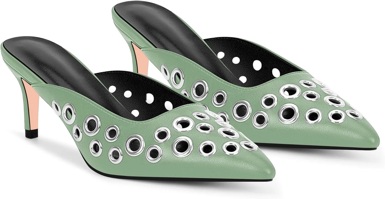 100FIXEO Women's Studded Metal Eyelet Perforated Pumps Stiletto High Heel Pointed Toe Mule Shoes