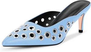 100FIXEO Women's Studded Metal Eyelet Perforated Pumps Stiletto High Heel Pointed Toe Mule Shoes