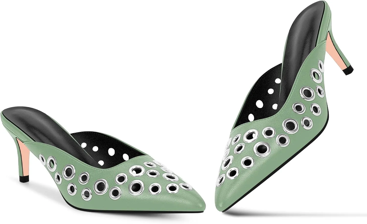 100FIXEO Women's Studded Metal Eyelet Perforated Pumps Stiletto High Heel Pointed Toe Mule Shoes