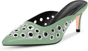 100FIXEO Women's Studded Metal Eyelet Perforated Pumps Stiletto High Heel Pointed Toe Mule Shoes