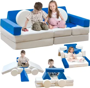 13PCS Modular Kids Play Couch, Kids Couch with Washable Velvet Cover for Boys and Girls, Convertible Foam and Floor Cushion for Nursery Playroom, Blue & Beige
