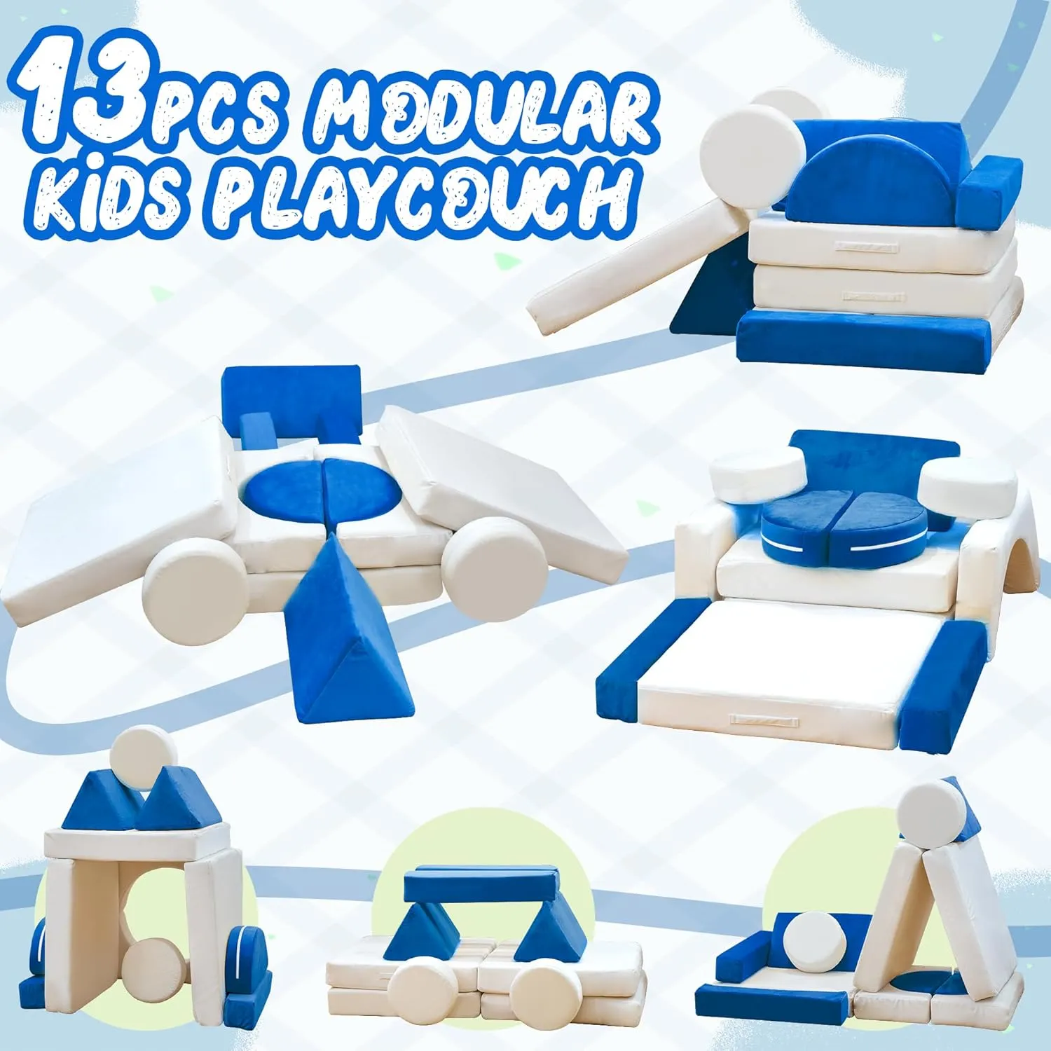 13PCS Modular Kids Play Couch, Kids Couch with Washable Velvet Cover for Boys and Girls, Convertible Foam and Floor Cushion for Nursery Playroom, Blue & Beige