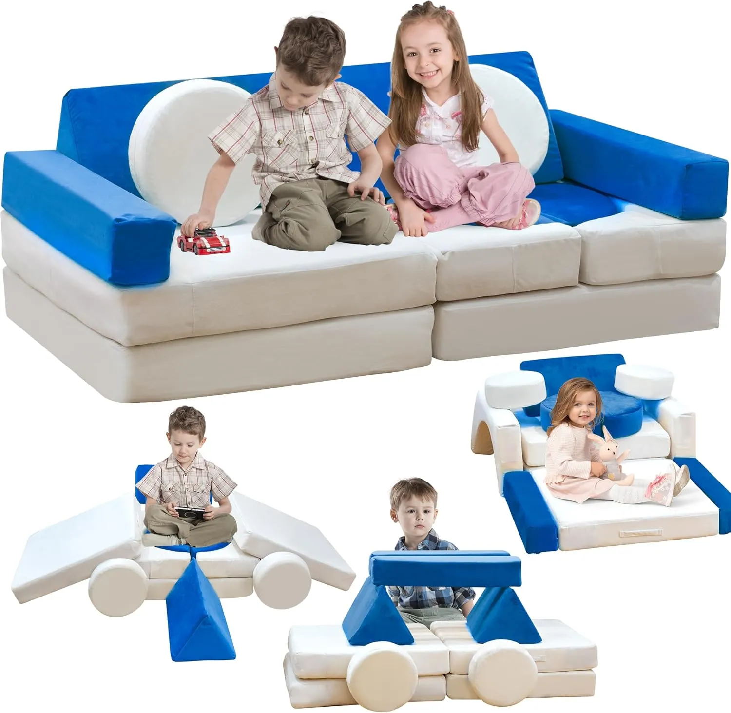 13PCS Modular Kids Play Couch, Kids Couch with Washable Velvet Cover for Boys and Girls, Convertible Foam and Floor Cushion for Nursery Playroom, Blue & Beige