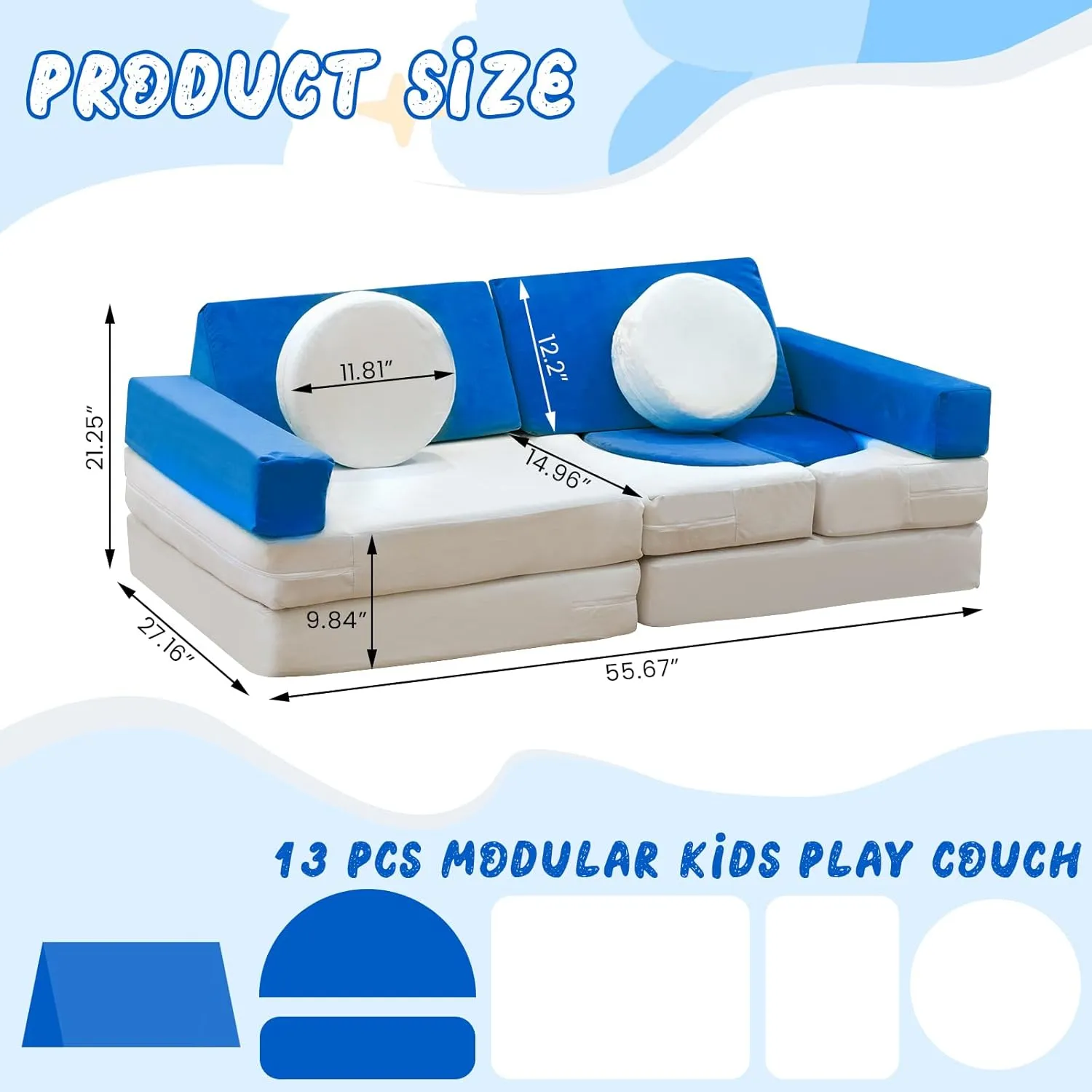 13PCS Modular Kids Play Couch, Kids Couch with Washable Velvet Cover for Boys and Girls, Convertible Foam and Floor Cushion for Nursery Playroom, Blue & Beige