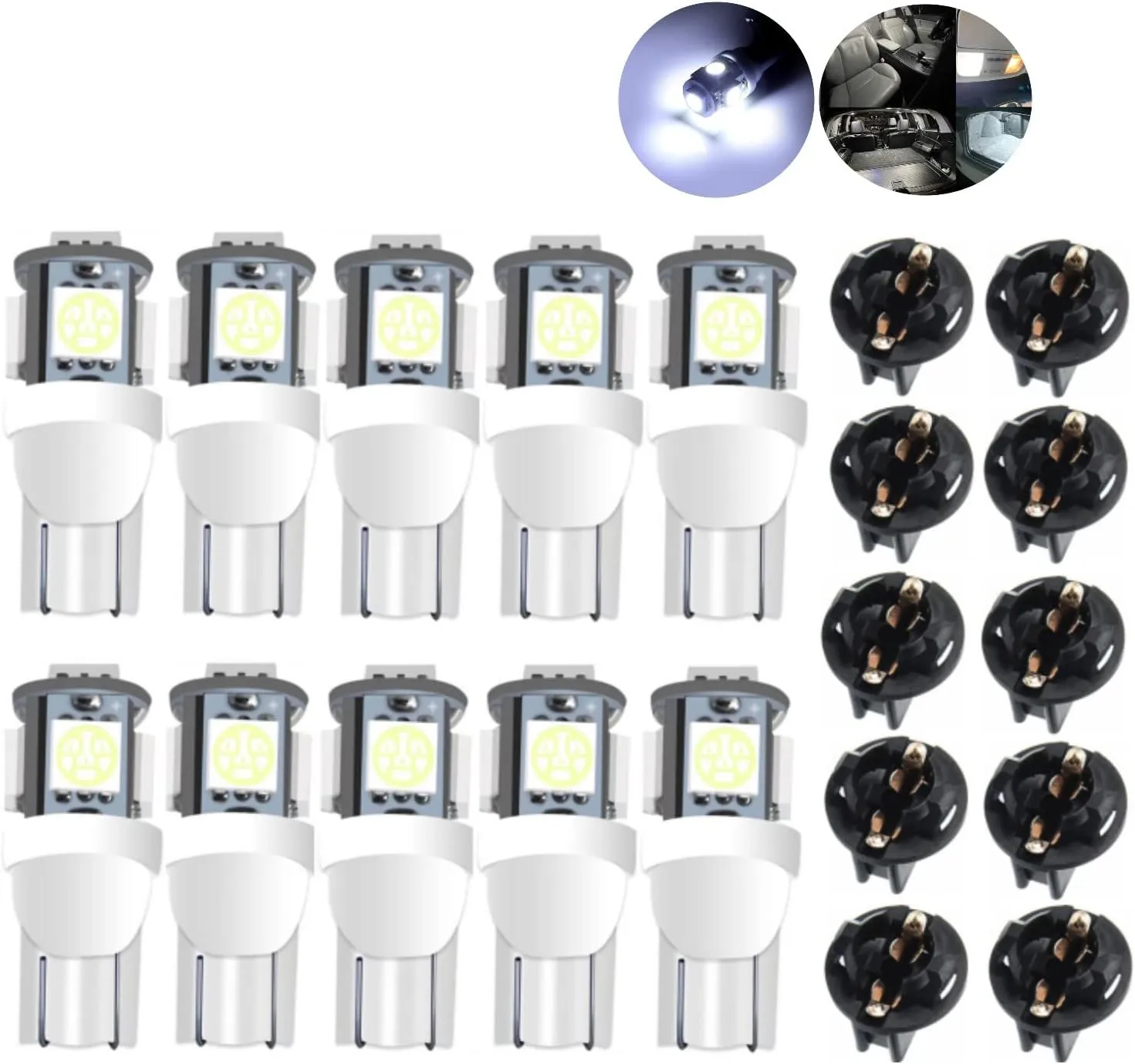 194 LED Bulb,168 T10 2825 W5W LED Bulbs for Car Interior Lights Dashboard Gauge Light License Plate Lights Dome Map Side Maker Lights 6000K White Twist Lock Socket 10 Pack