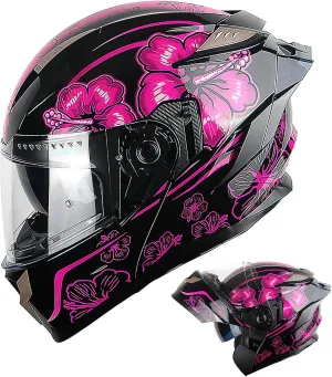 1Storm Motorcycle Modular Full Face Helmet DOT Adults Street Bike Flip up Dual Visor Sun Inner Shield Anti Fog Pinlock Ready Shield: Flower Purple