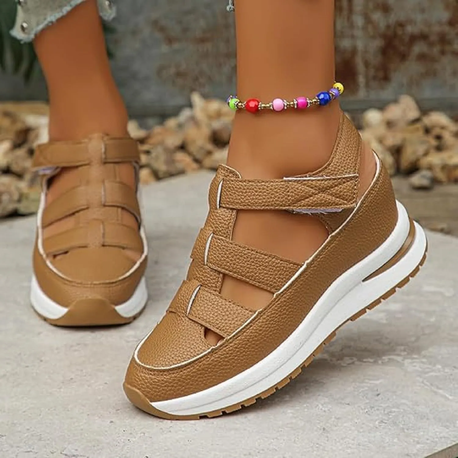 2025 New Women's Hollow Out Breathable Platform Wedge Sandals Casual Stylish Roman Sandal Leather Closed Toe Comfortable Casual Stylish Sandals