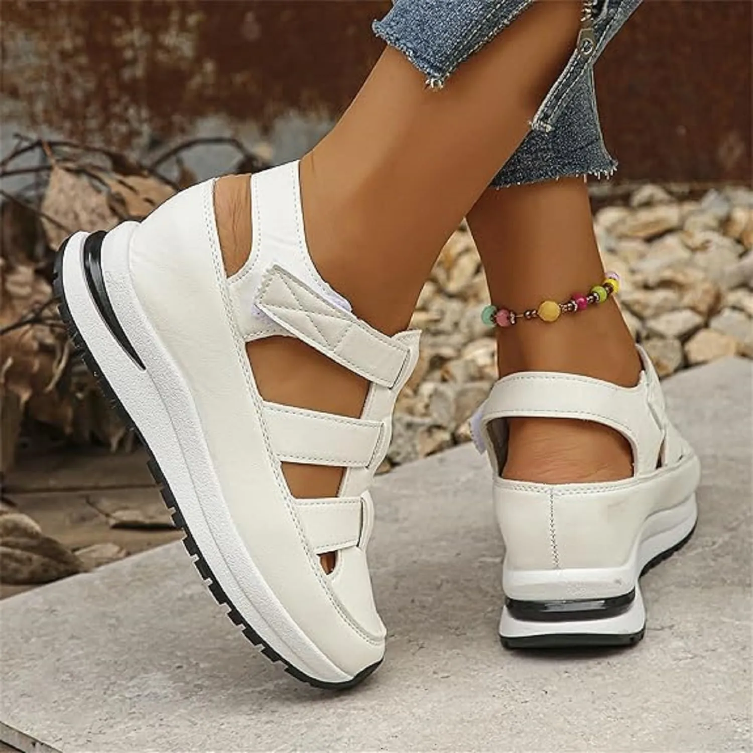 2025 New Women's Hollow Out Breathable Platform Wedge Sandals Casual Stylish Roman Sandal Leather Closed Toe Comfortable Casual Stylish Sandals